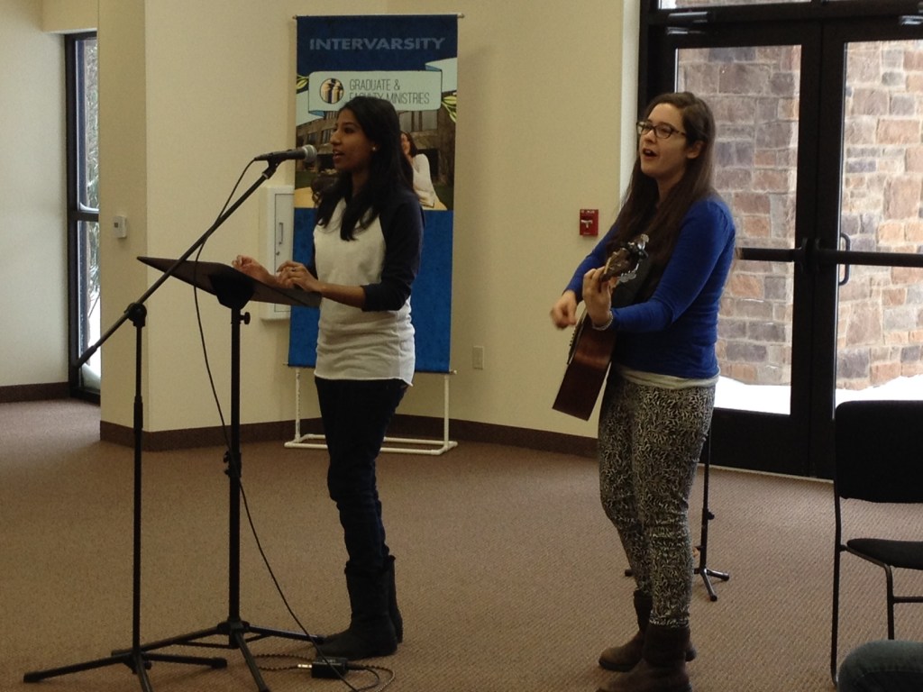 Sarah Samuel and Jacquelyne Read sing "Nothing But The Blood of Jesus," in Sarah's native tongue or Urdu. Sarah comes to NYU from Pakistan where she participated in one of InterVarsity's sister ministries, the Pakistan Fellowship of Evangelical Students.  The students and faculty at Telos '14 donated more than $5,000 to support two campus ministers with the PFES. Praise God!